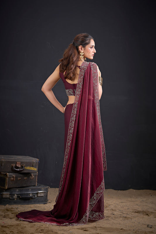 Maroon Silk Saree Antique Silver Zari Border Party Wear Saree