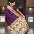 Deep Purple Paithani Silk Saree Multicolor Peacock Floral Woven Border