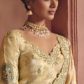 Beige Sage Green Embroidered Silk Saree with Heavy Zari Border