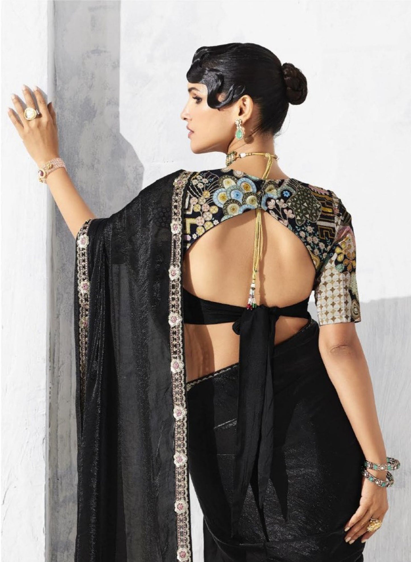 Black Designer Saree Border and Contrast Blouse Party Wear