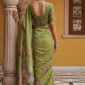 Olive Green Printed Linen Silk Saree with Floral Design