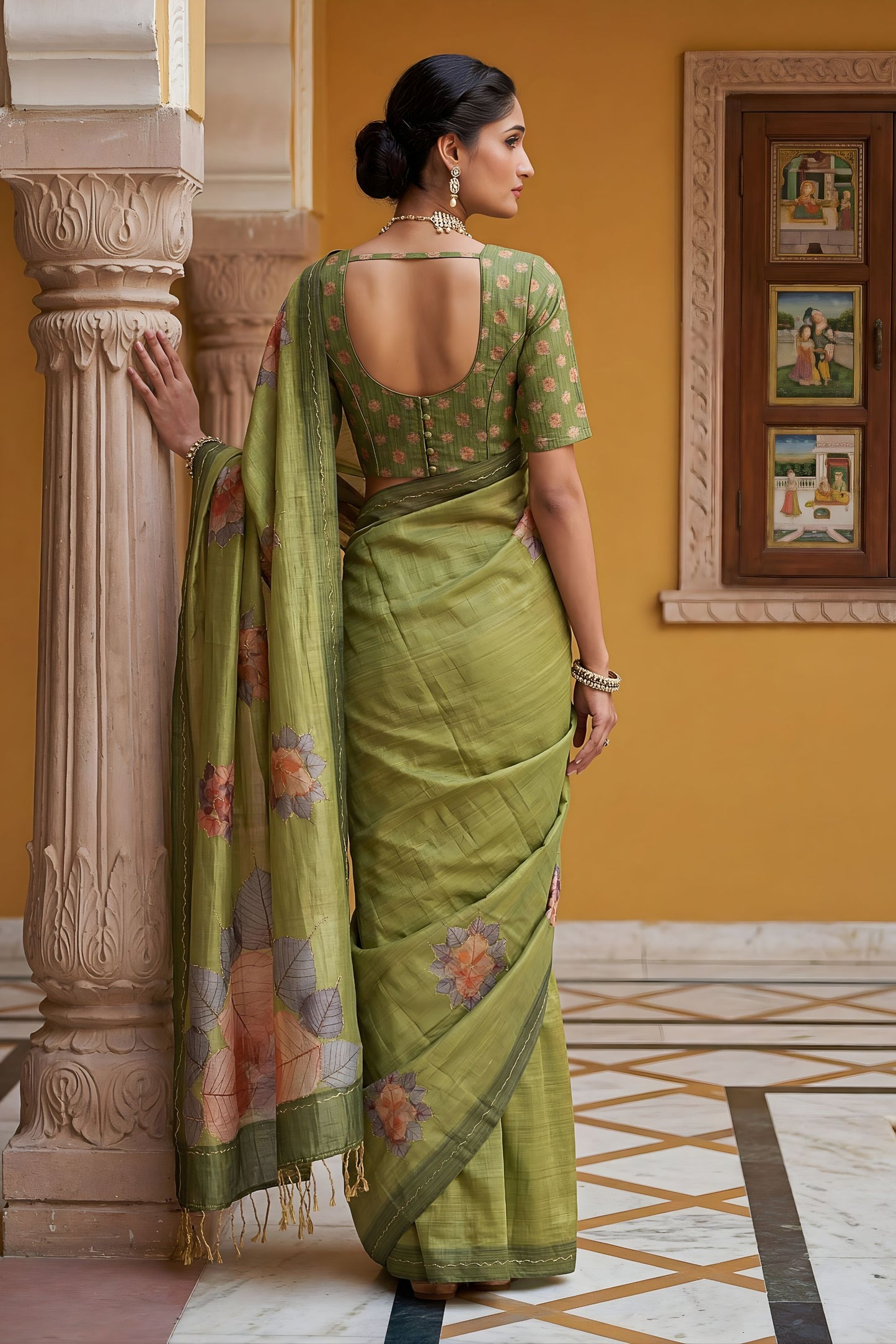Olive Green Printed Linen Silk Saree with Floral Design