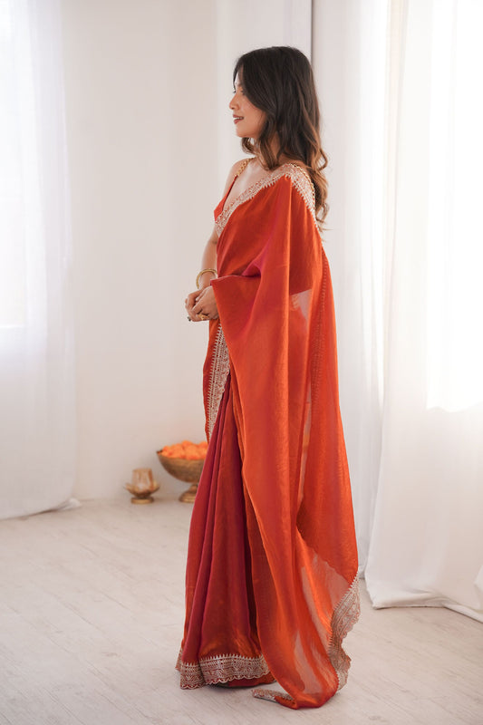 Luxury Rust Orange Organza Saree Designer Embroidered Border