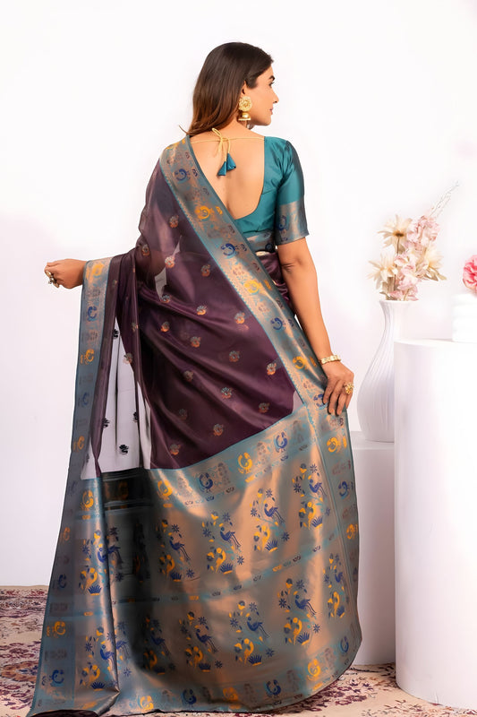 Deep Purple Paithani Silk Saree with Teal Zari Border and Traditional