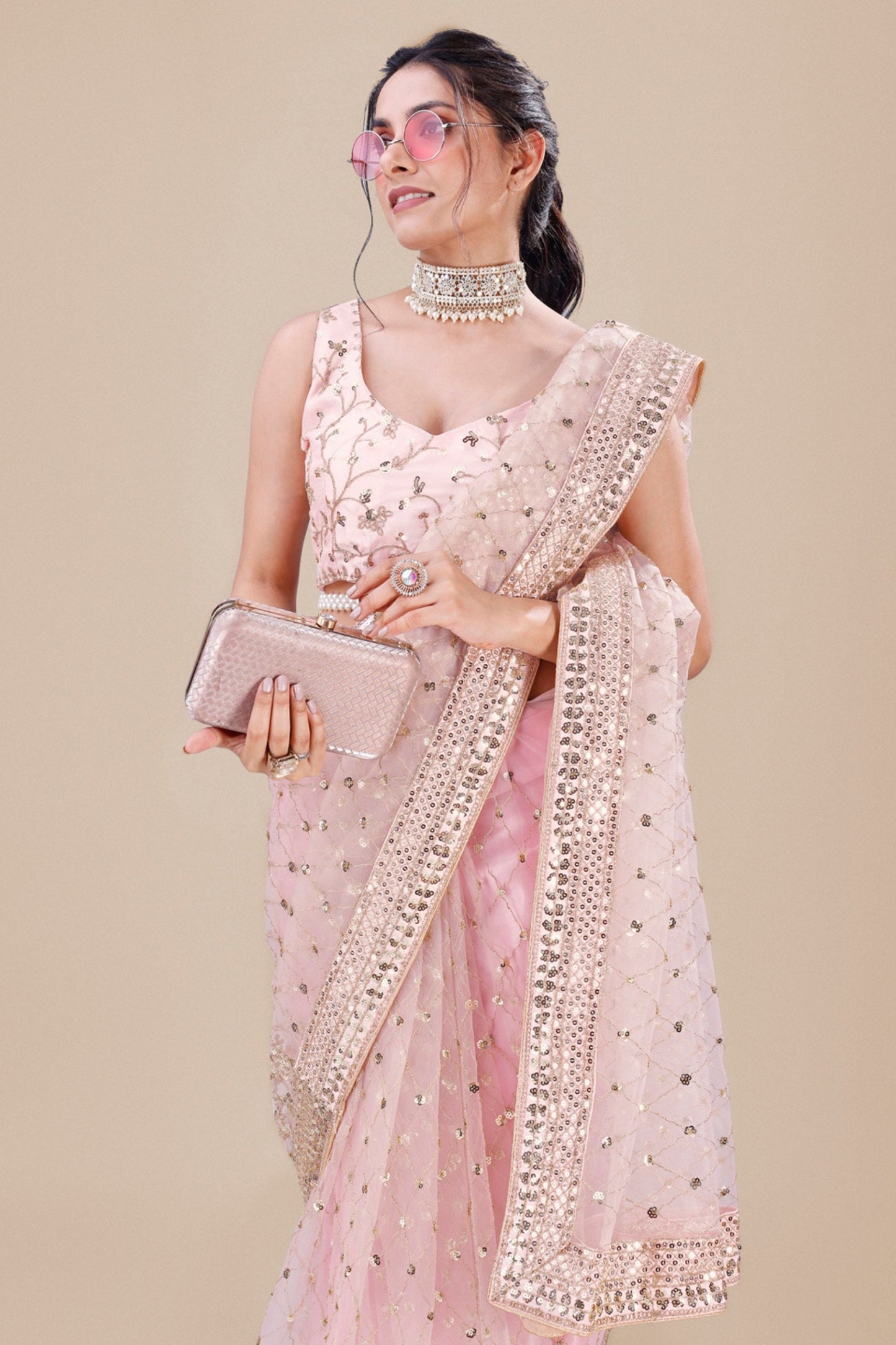 Pink Net Saree Heavy Sequins Embroidery Work Designer Blouse