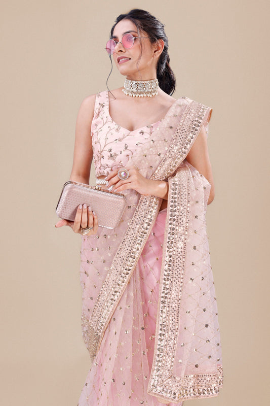 Pink Net Saree Heavy Sequins Embroidery Work Designer Blouse