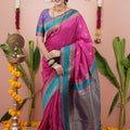 Rani Pink Silk Saree with Teal Blue Woven Border Traditional Design