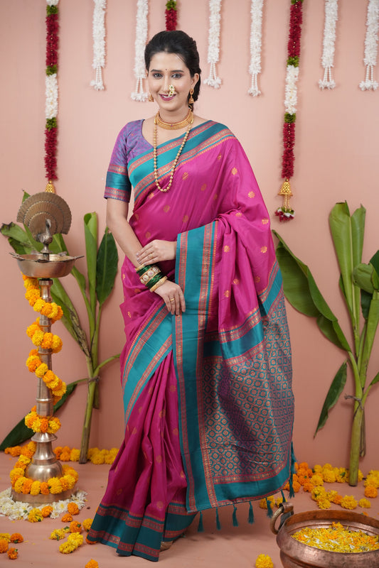 Rani Pink Silk Saree with Teal Blue Woven Border Traditional Design
