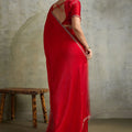 Red Chiffon Saree with Zari Border Embroidered Blouse