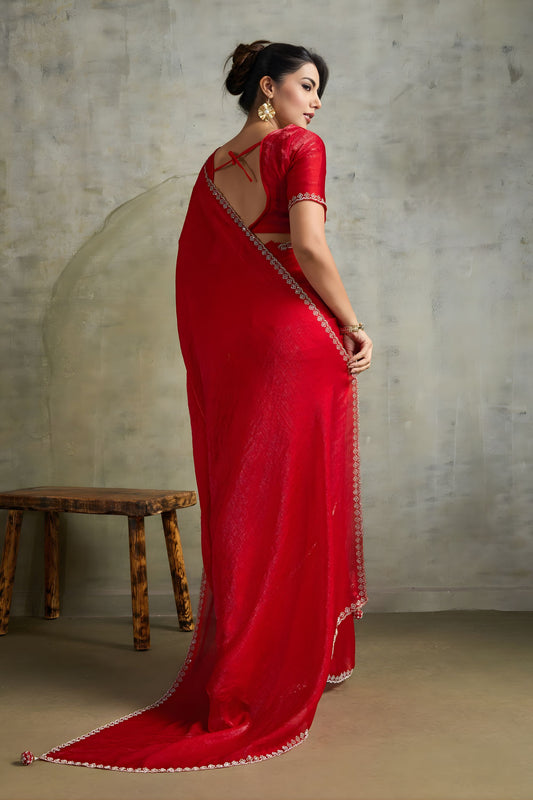 Red Chiffon Saree with Zari Border Embroidered Blouse