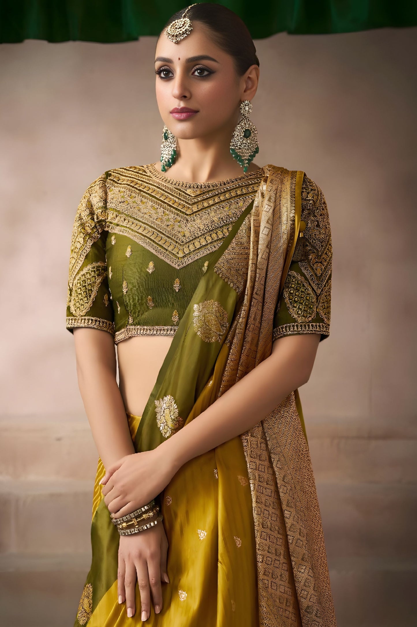 Mustard Yellow Silk Saree with Olive Green Border Rich Zari