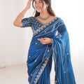 Designer Royal Blue Organza Silk Party Wear Saree Embroidered Blouse