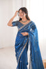 Designer Royal Blue Organza Silk Party Wear Saree Embroidered Blouse