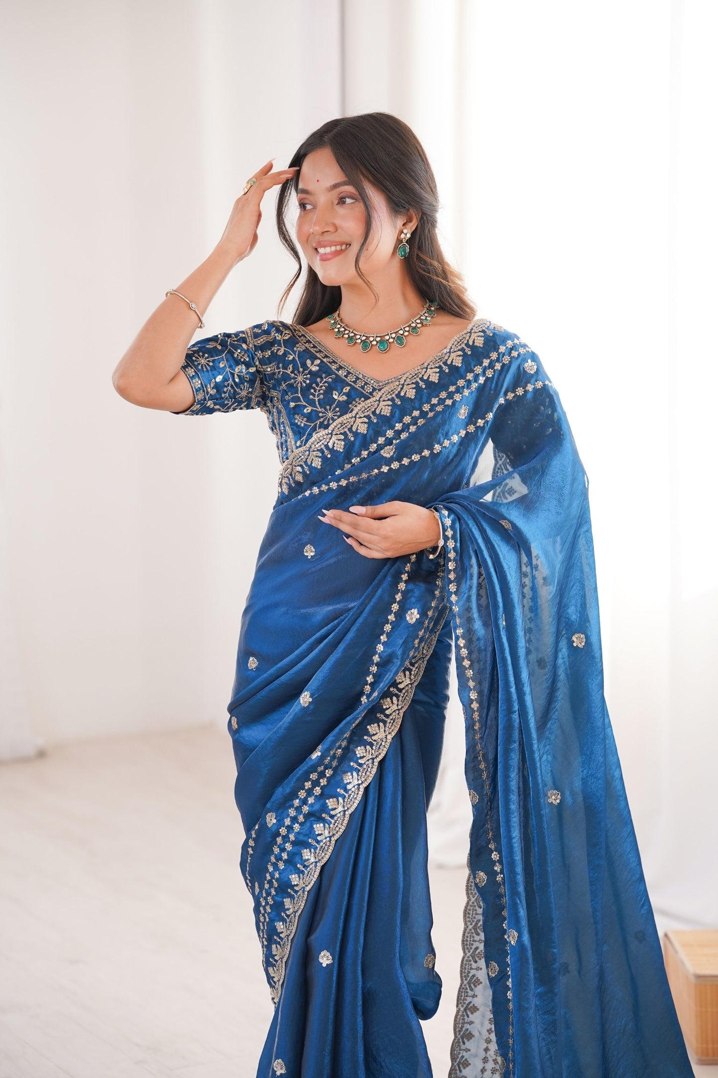 Designer Royal Blue Organza Silk Party Wear Saree Embroidered Blouse