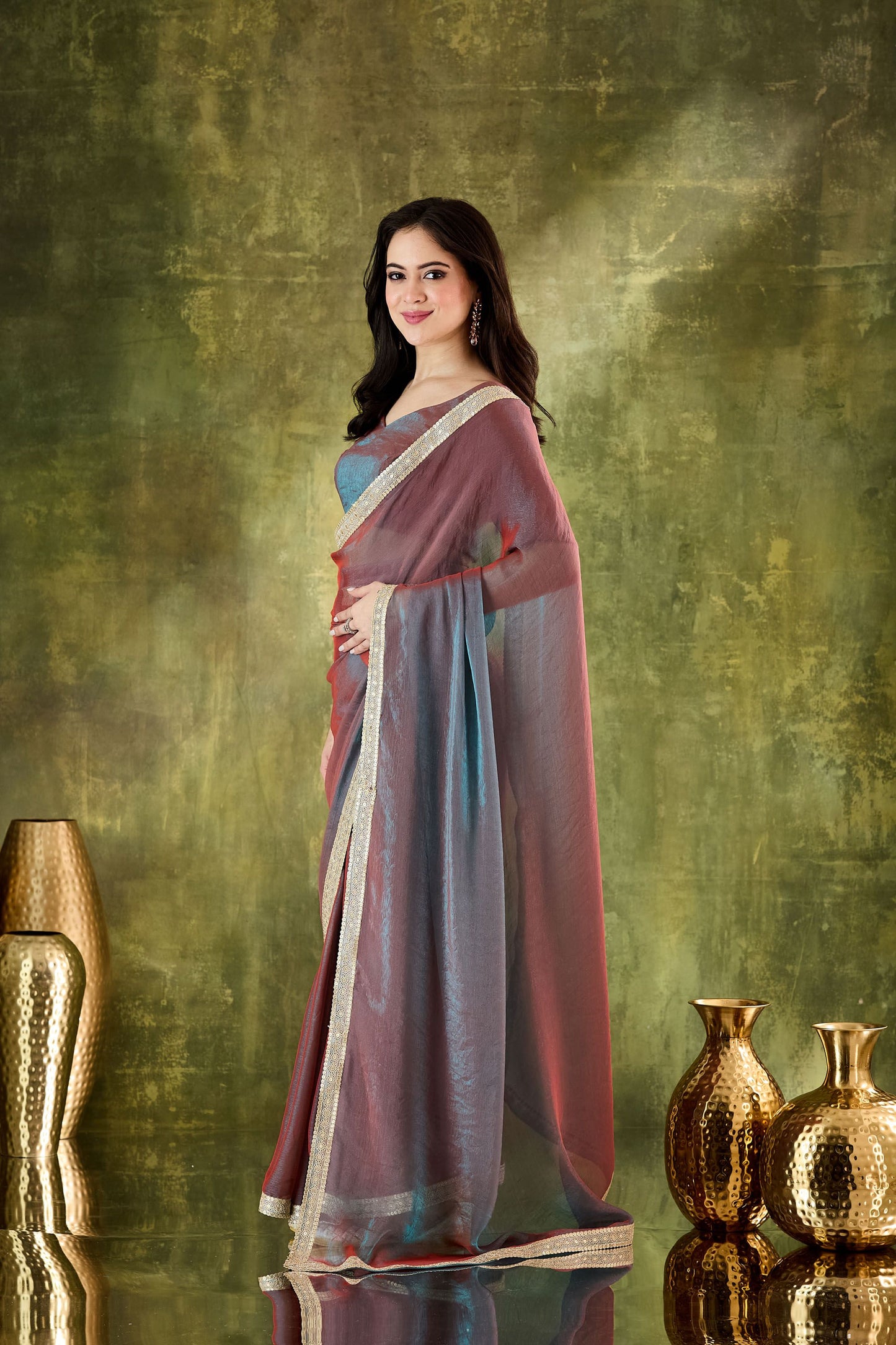 Maroon Grey Organza Silk Saree Designer Party Wear Saree