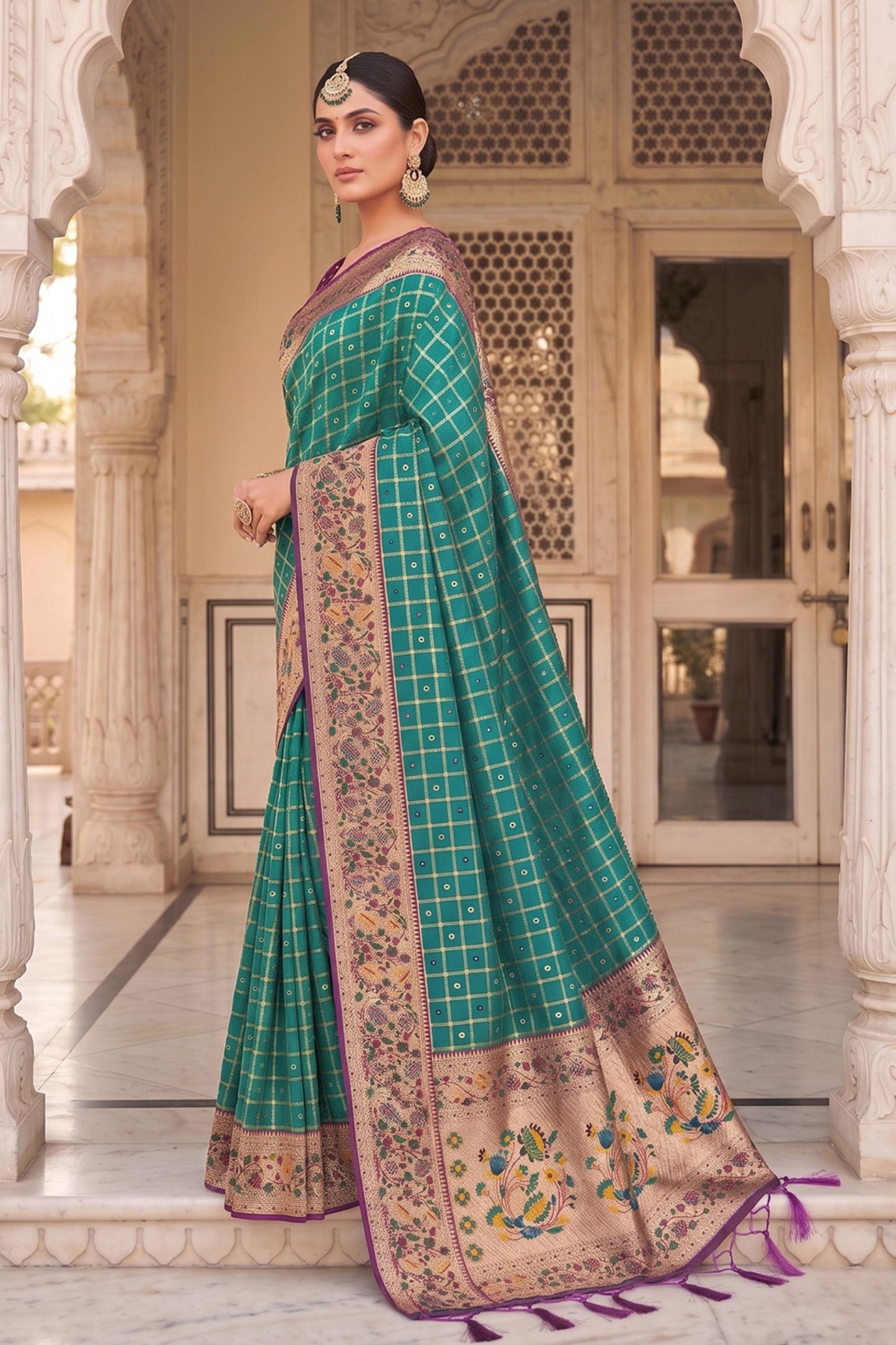 Teal Green Paithani Silk Saree Zari Floral Woven Border Traditional Peacock Pallu