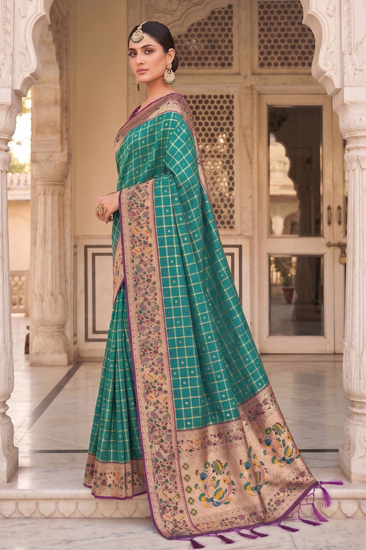 Teal Green Paithani Silk Saree Zari Floral Woven Border Traditional Peacock Pallu