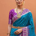 Teal Blue Silk Saree Magenta Contrast Border Zari Weaving