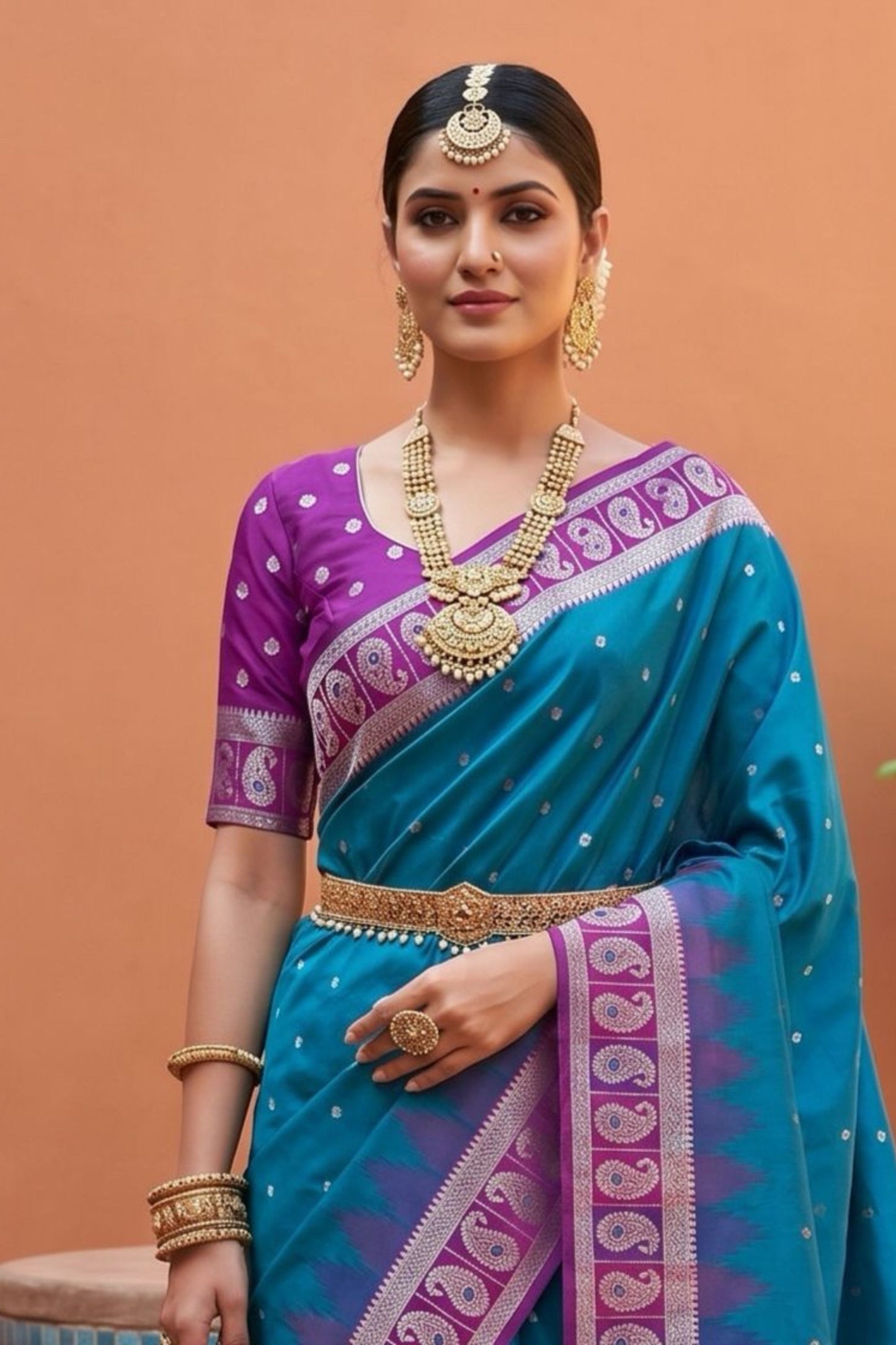 Teal Blue Silk Saree Magenta Contrast Border Zari Weaving