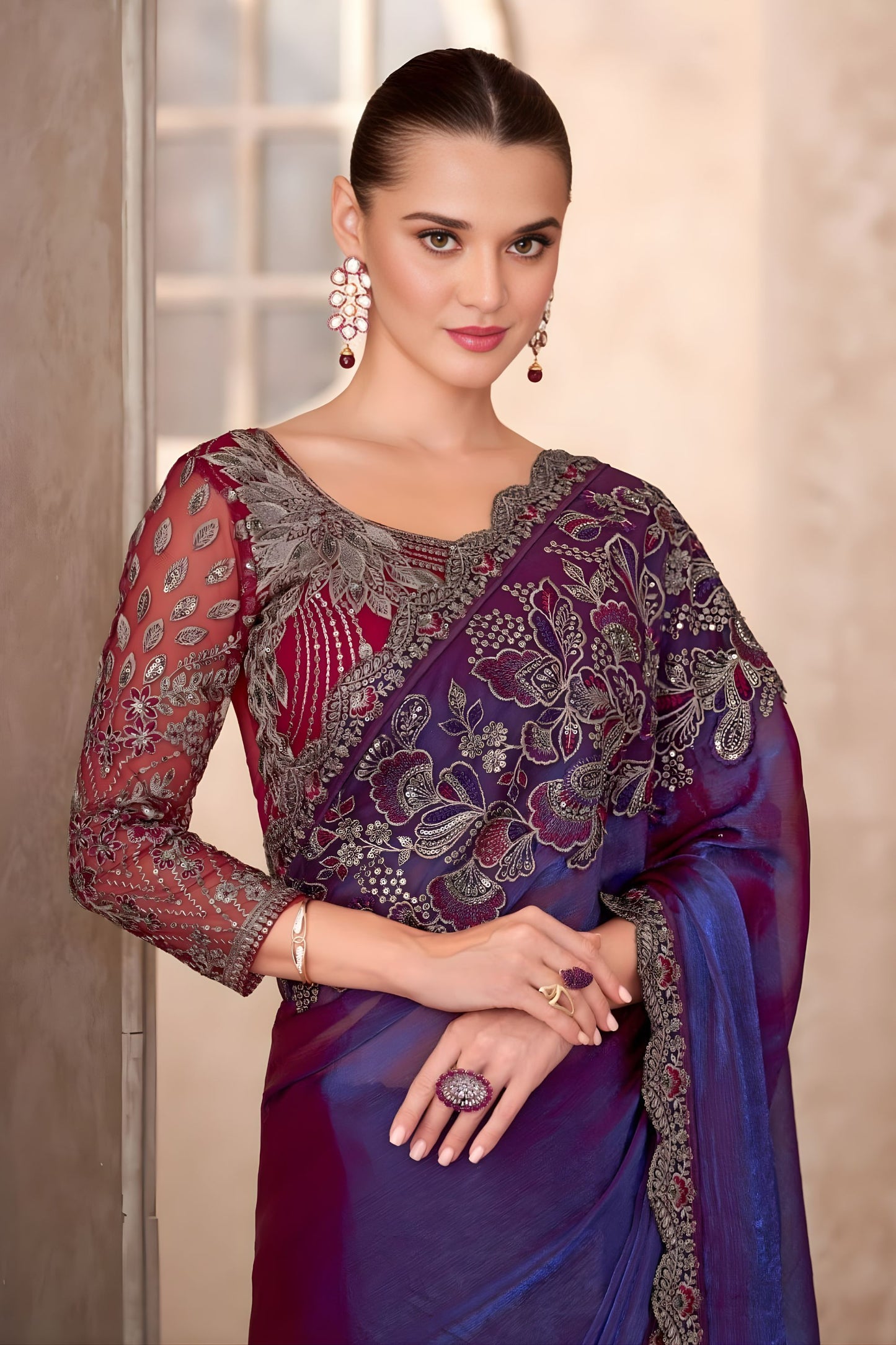 Royal Purple Wine Silk Saree with Heavy Floral Embroidery Blouse