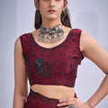 Maroon Organza Saree Black Floral Embroidery Designer Party Wear Saree