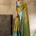 Mustard Yellow Banarasi Silk Saree Teal Blue Zari Border Floral Weaving