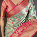 Sea Green Pink Kanjivaram Silk Saree Traditional Zari Woven Saree