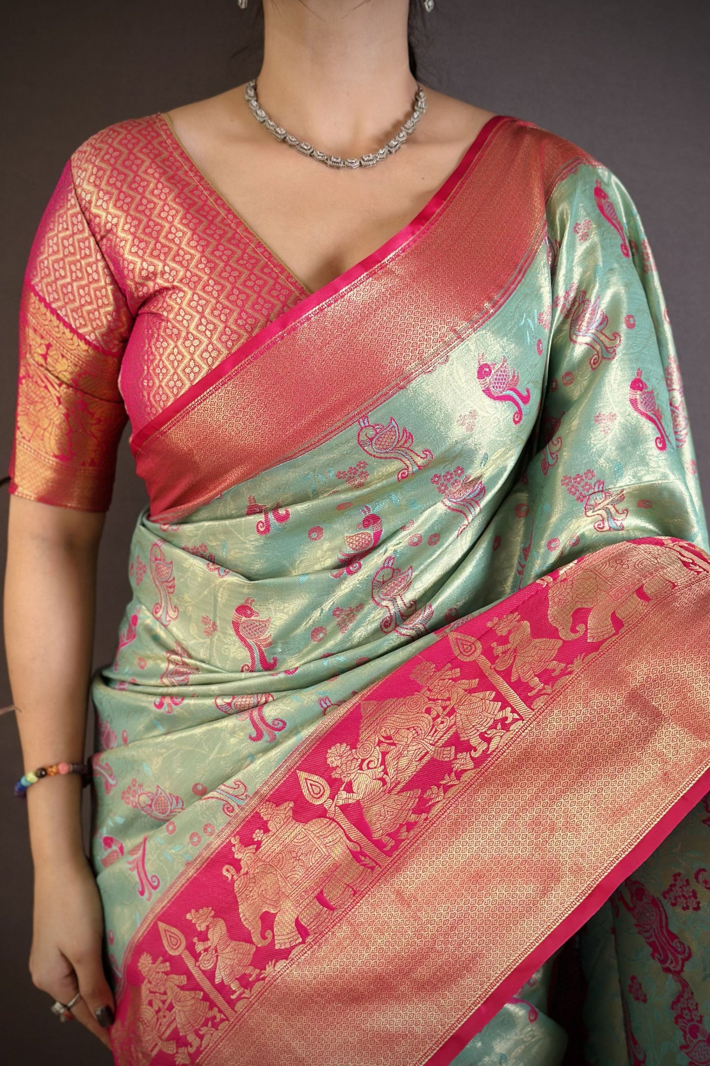 Sea Green Pink Kanjivaram Silk Saree Traditional Zari Woven Saree
