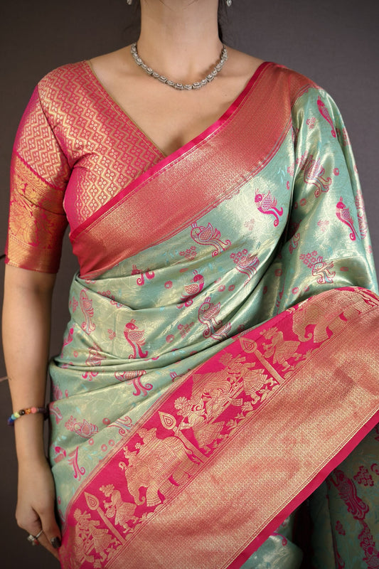 Sea Green Pink Kanjivaram Silk Saree Traditional Zari Woven Saree