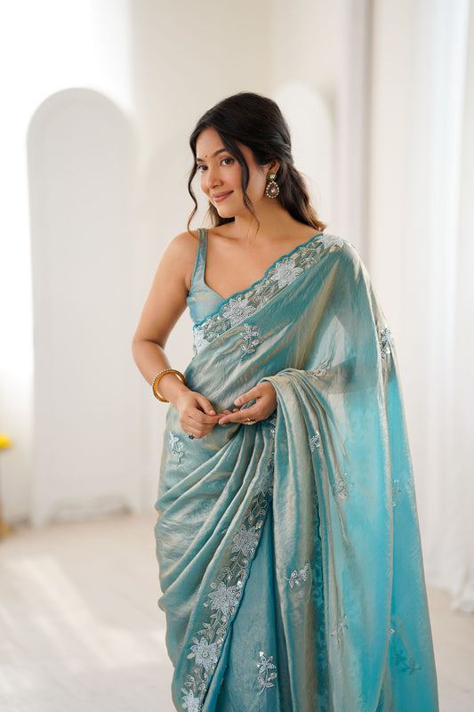 Sea Green Soft Silk Saree with Silver Floral Embroidery Border Blouse