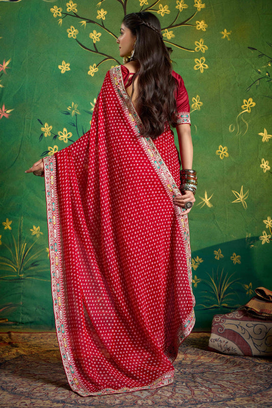 Red Bandhani Saree and Designer Blouse Festive Wear