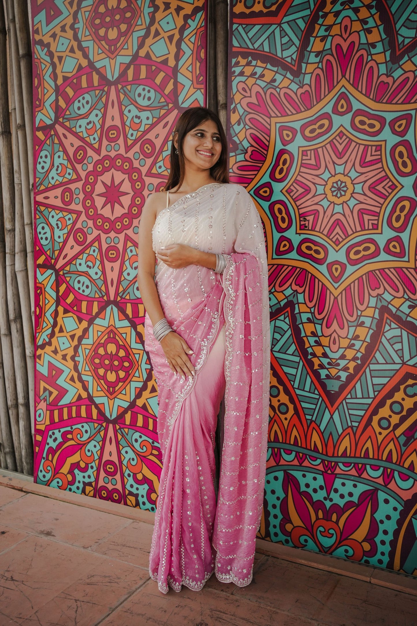 Pink And White Ombre Georgette Saree Designer Border Party Wear