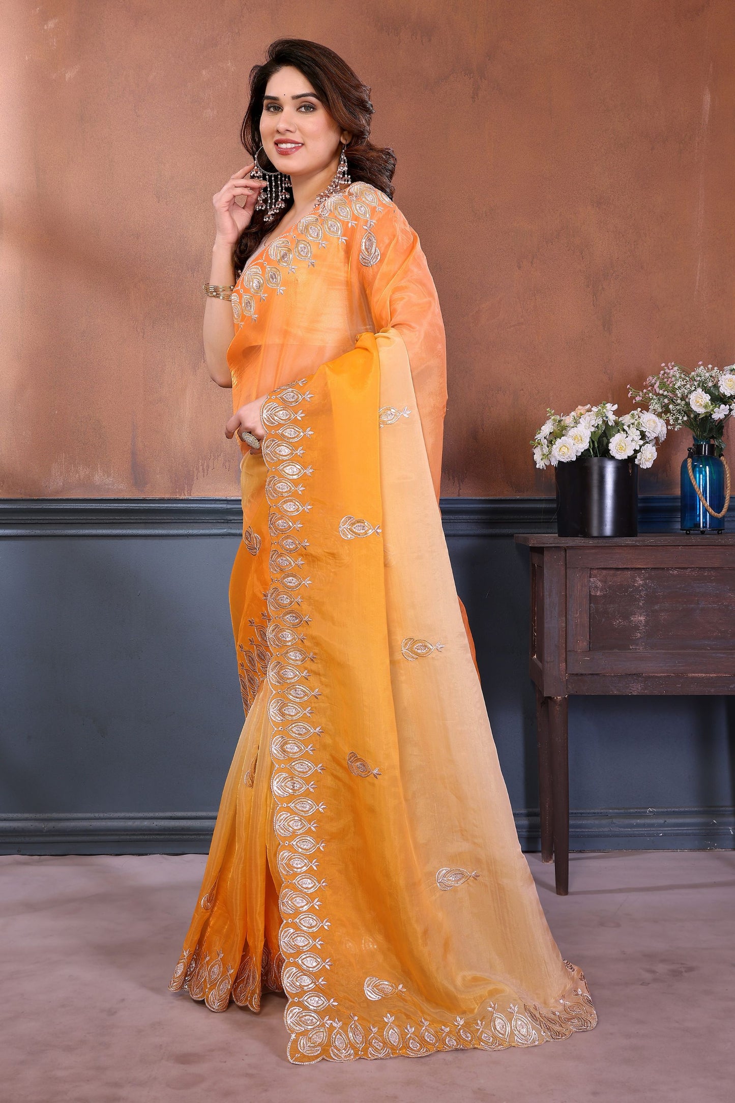 Peach Pink Embroidered Organza Silk Saree Designer Border