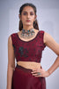 Luxury Wine Maroon Organza Silk Saree Black Floral Embroidery Designer Blouse