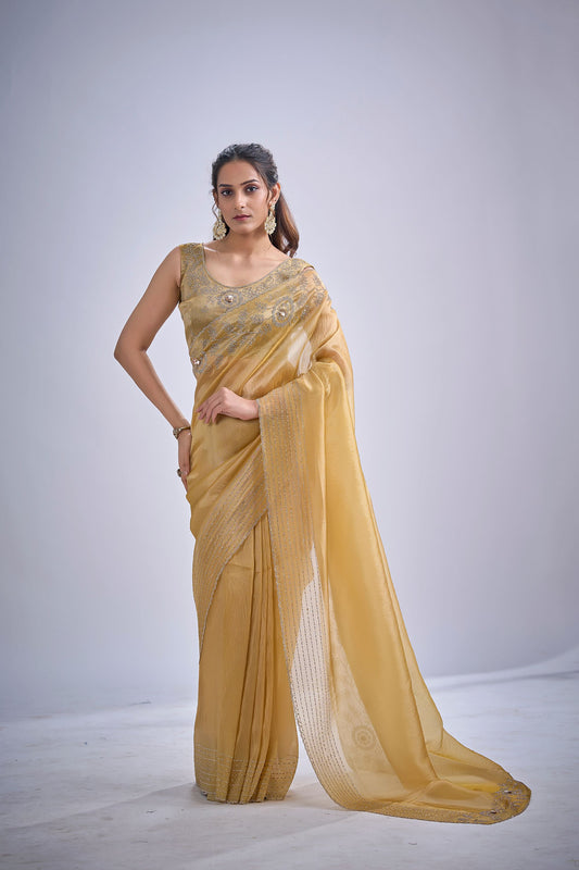 Mustard Yellow Tissue Silk Saree Zari Embroidery Designer Blouse