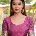 Teal Blue Silk Saree Pink Border Multicolor Peacock Zari Weaving Work