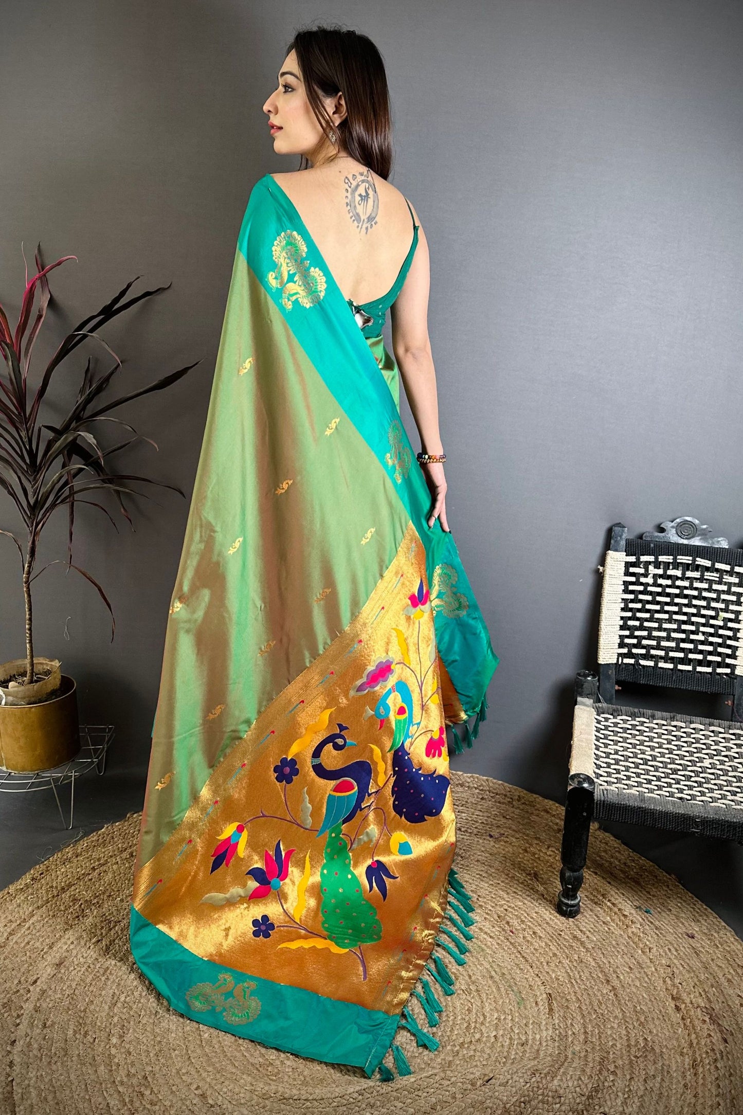 Sea Green Soft Silk Saree with Contrast Designer Pallu Zari Work