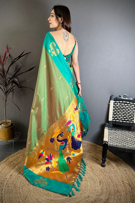 Sea Green Soft Silk Saree with Contrast Designer Pallu Zari Work