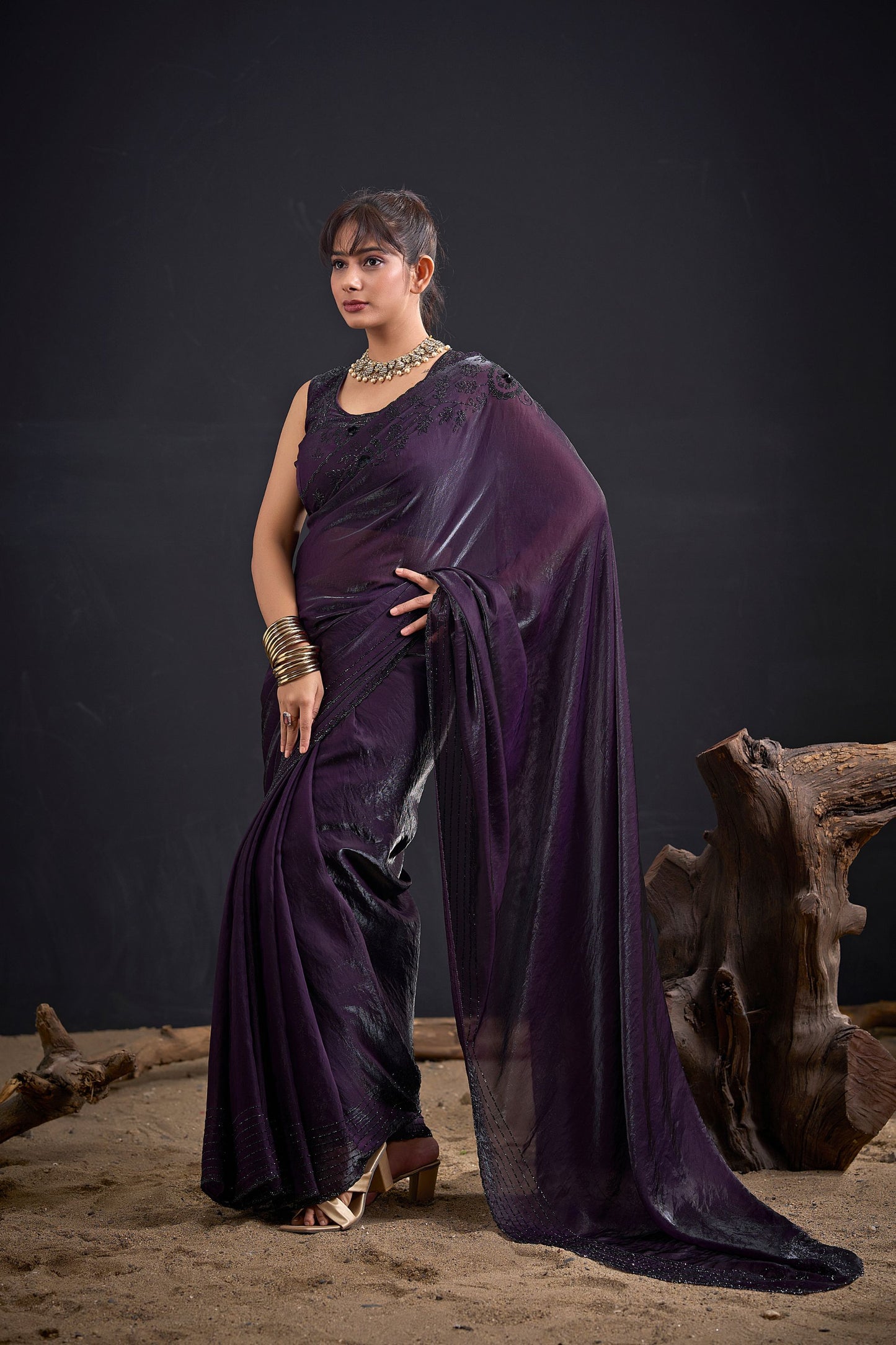Dark Purple Embroidered Silk Saree with Designer Blouse