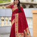 Maroon Red Floral Woven Linen Silk Saree Designer Peacock Border