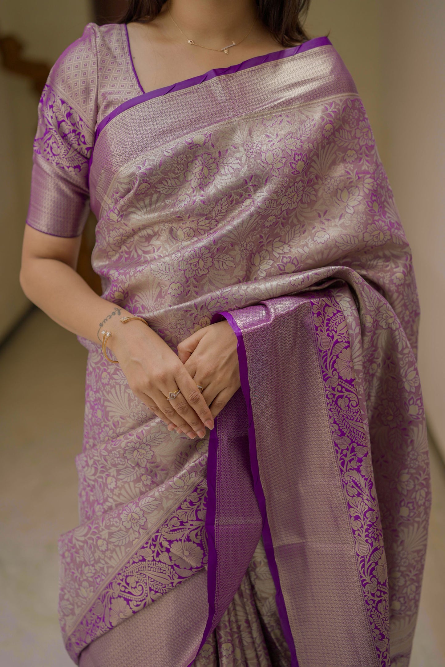 Lavender Banarasi Silk Saree with Silver Zari Floral Weaving Saree