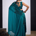 Teal Green Organza Saree Black Floral Embroidery Designer Saree