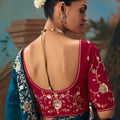Teal Blue Embroidered Silk Saree with Contrast Blouse