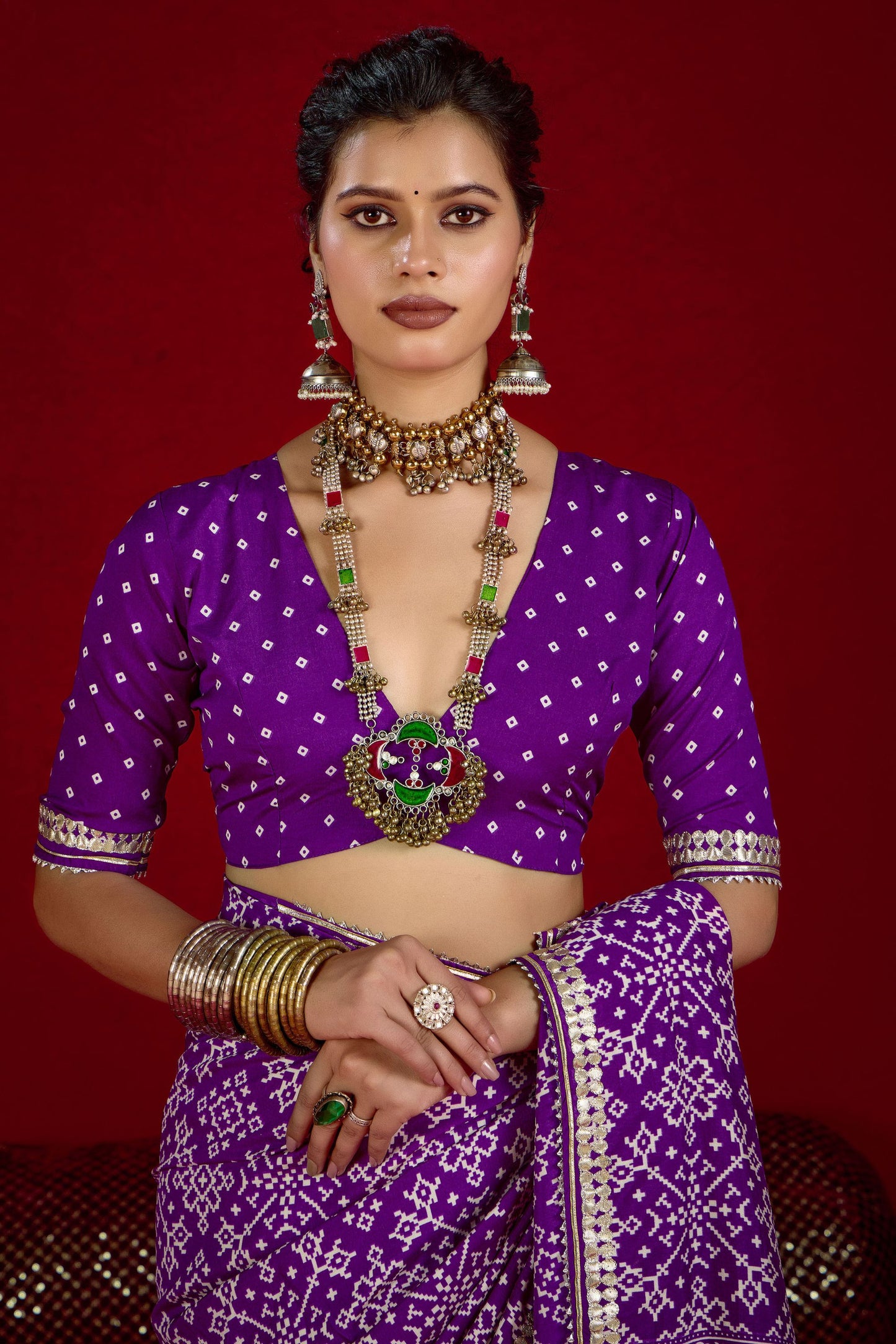 Purple Bandhej Print Festive Saree with Golden Border Matching Blouse