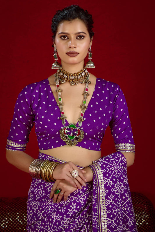 Purple Bandhej Print Festive Saree with Golden Border Matching Blouse
