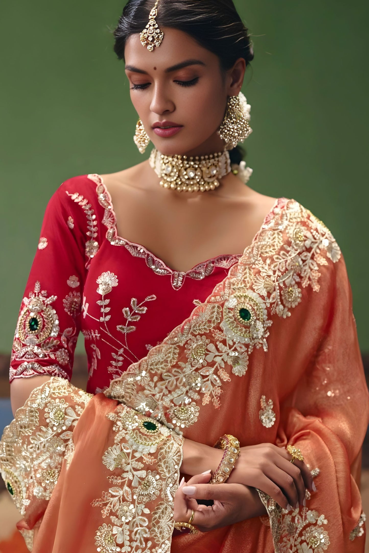 Peach Organza Silk Saree Heavy Golden Zari Embroidery Border Designer Blouse