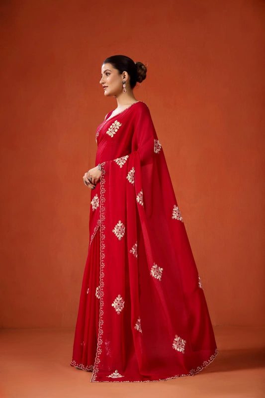 Red Embroidered Georgette Saree Floral Motifs Designer Border