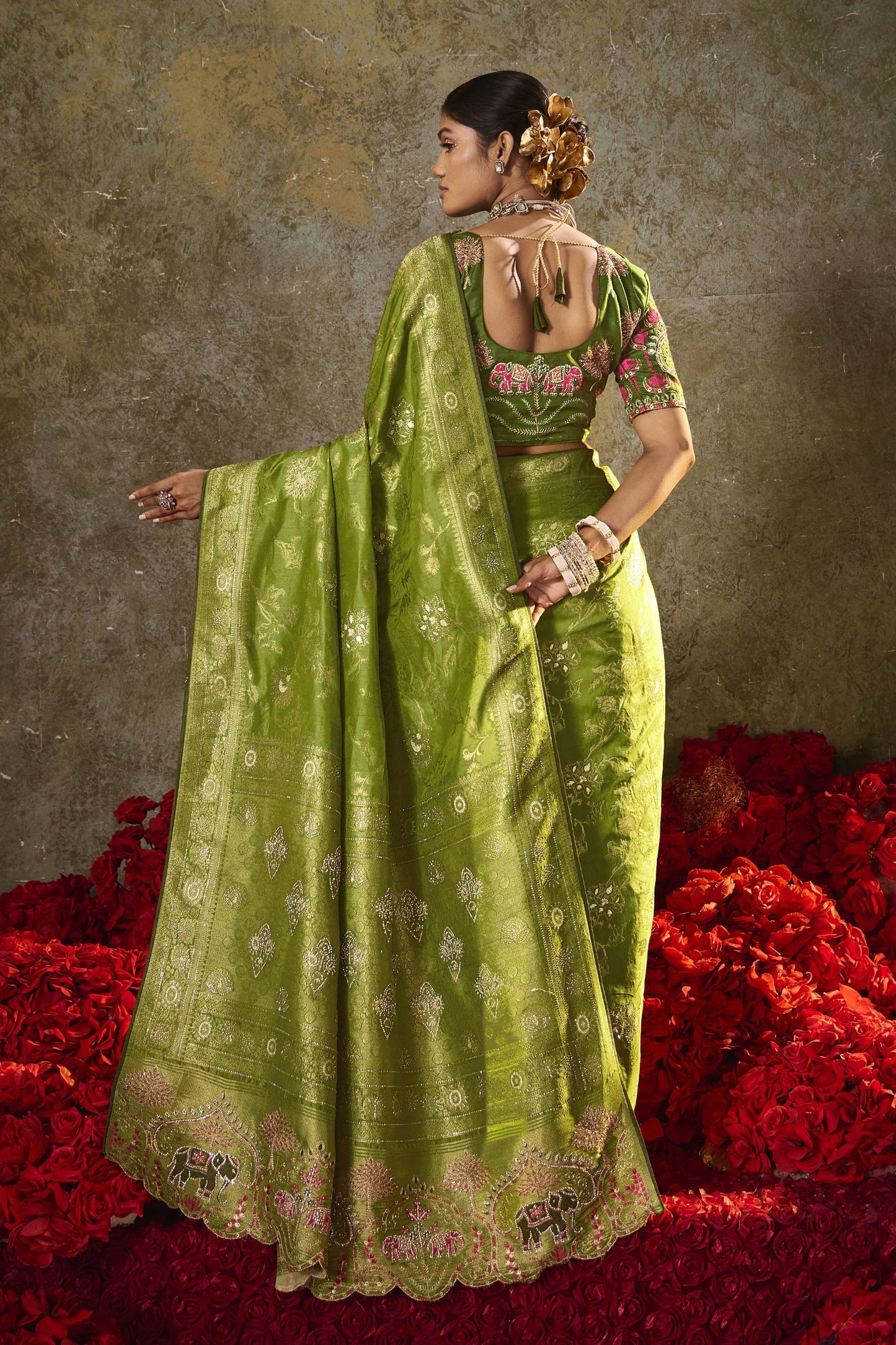 Green Banarasi Silk Saree Rich Gold Zari Weaving Embroidered Border