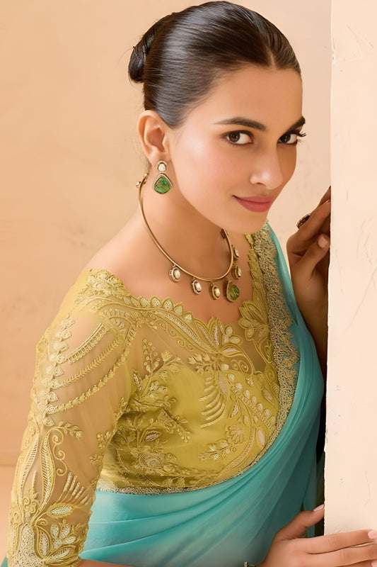 Sea Green Designer Saree with Golden Embroidered Blouse