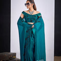 Teal Green Organza Silk Saree Black Floral Embroidery Designer Saree
